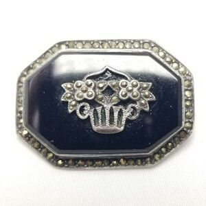 Vintage Sterling Silver Black Onyx and Marcasite Flower Basket Brooch Lapel Pin